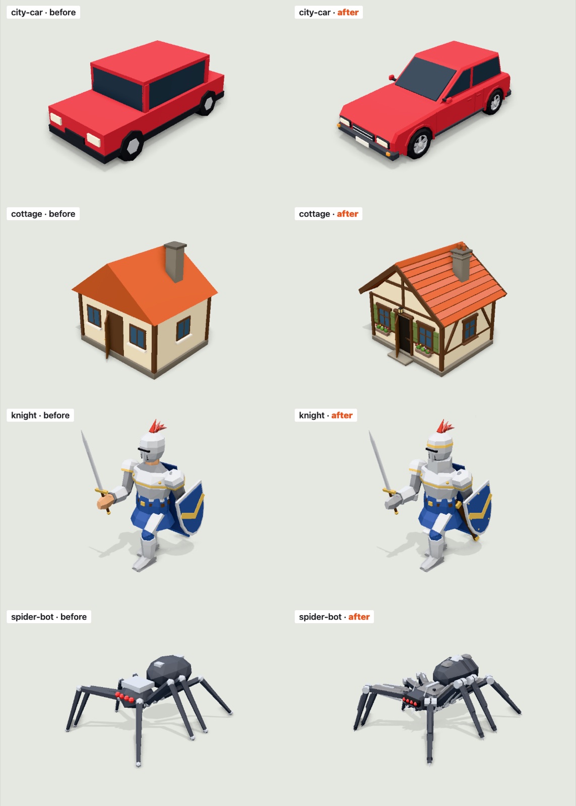 Before and after: car, cottage, knight, spider robot