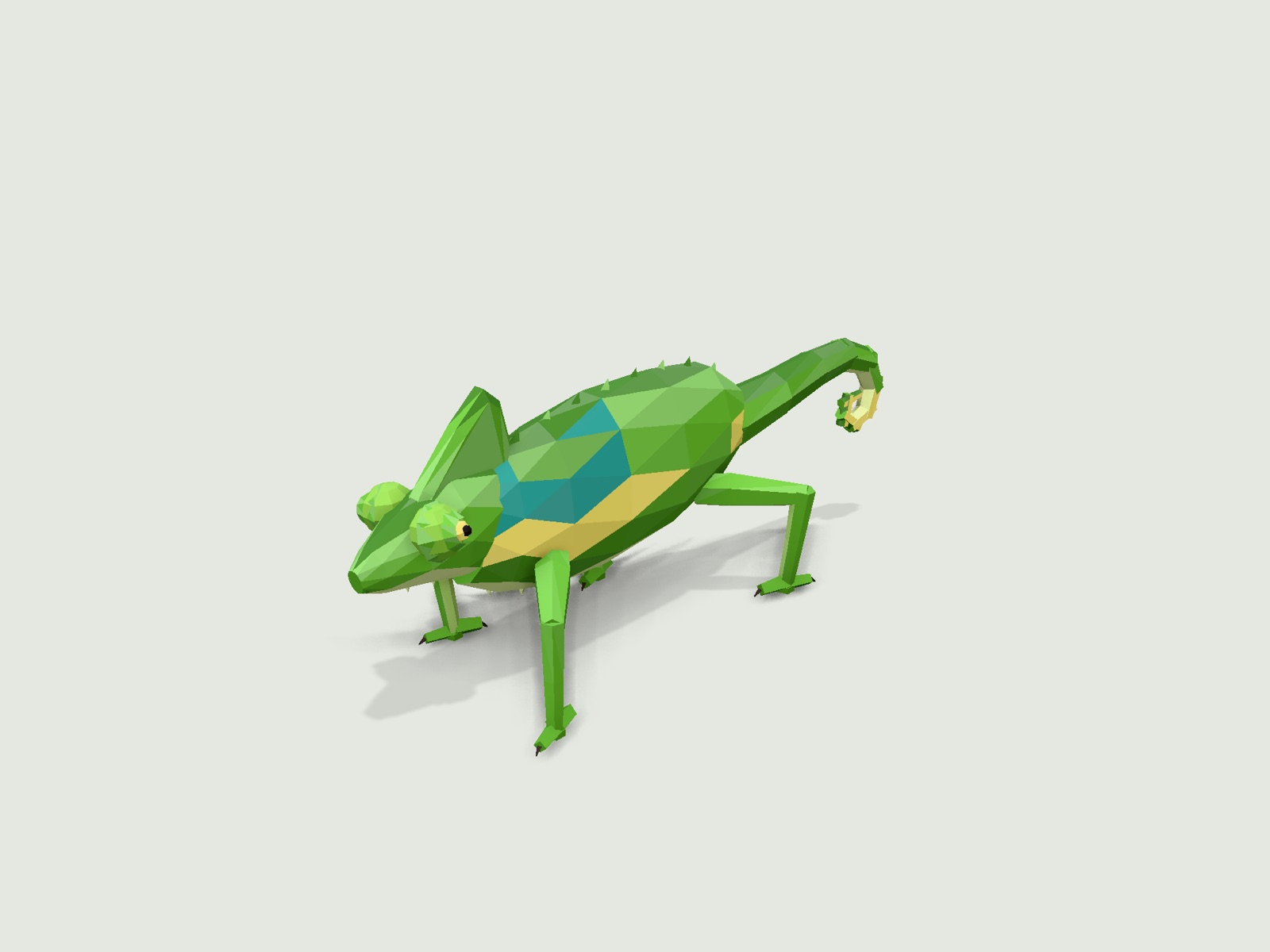 A green low-poly chameleon with a tall casque on its head, a yellow stripe and teal patch on its side, and a coiled tail