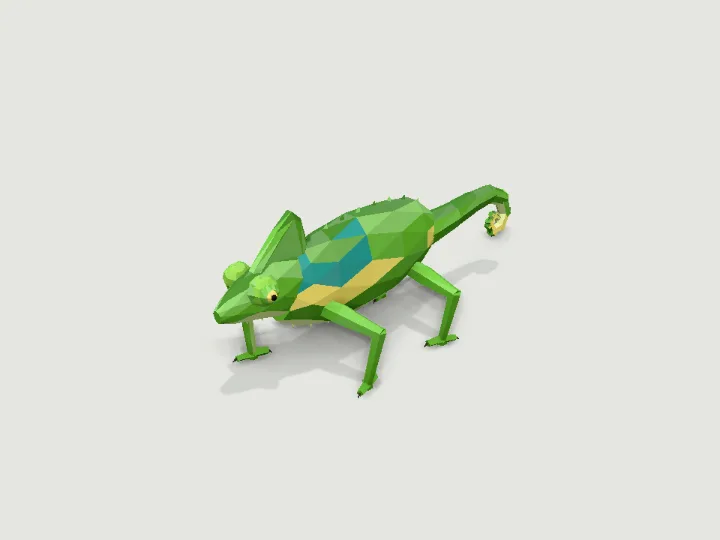 Chameleon, A chameleon about 45 cm from snout to curled tail tip and 13 cm tall at the casque: a tall, flat-sided body with a beaded dorsal crest and a pale throat-to-belly crest, a helmet-like casque over the head, two turret eyes in scaly cones that swivel on their own, a pale lateral stripe and spots on the flanks, mitten feet with two-and-three toe bundles, and a tail that coils into a spiral. Walks with a slow, rocking diagonal gait; the eyes look around independently, the tongue flicks and the tail coil tightens and loosens.