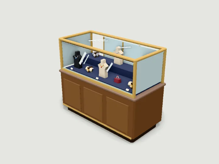Display Case, A 98 cm glass-topped shop counter (1.2 m wide by default, 0.9 to 1.8 m): a chamfered base cabinet with inset panels and a recessed plinth, a glass case with corner posts, framed top and front glass, a velvet or tray deck and a stepped back riser, a strip lamp under the front rail that lights the goods at night, and sliding glass doors on the staff side (-Z, rigged sliding_door). Seeded goods: jewellery (ring pads, necklace busts, watch cushions), bakery cakes and pastries, phones and gadgets on stands, or perfume bottles.